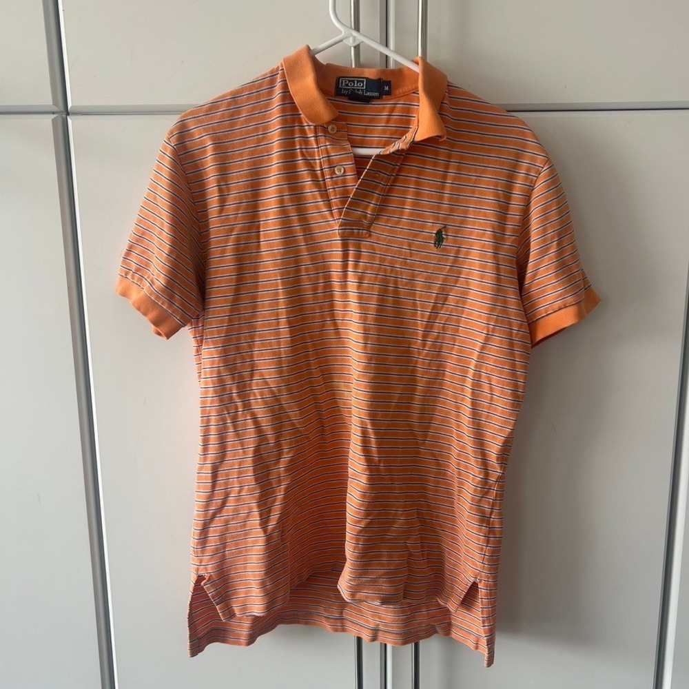 Polo Ralph Lauren Mens Orange Blue Striped Short Sleeve Pique Polo Shirt Medium